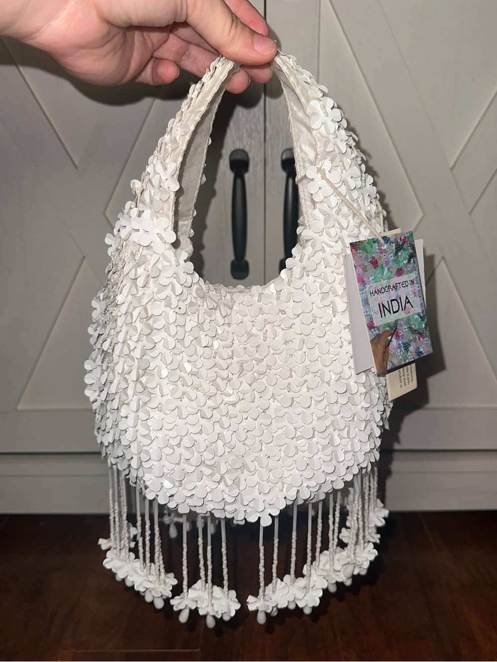 Handcrafted in India White Floral Beaded Fringe Viral Shoulder Bag
